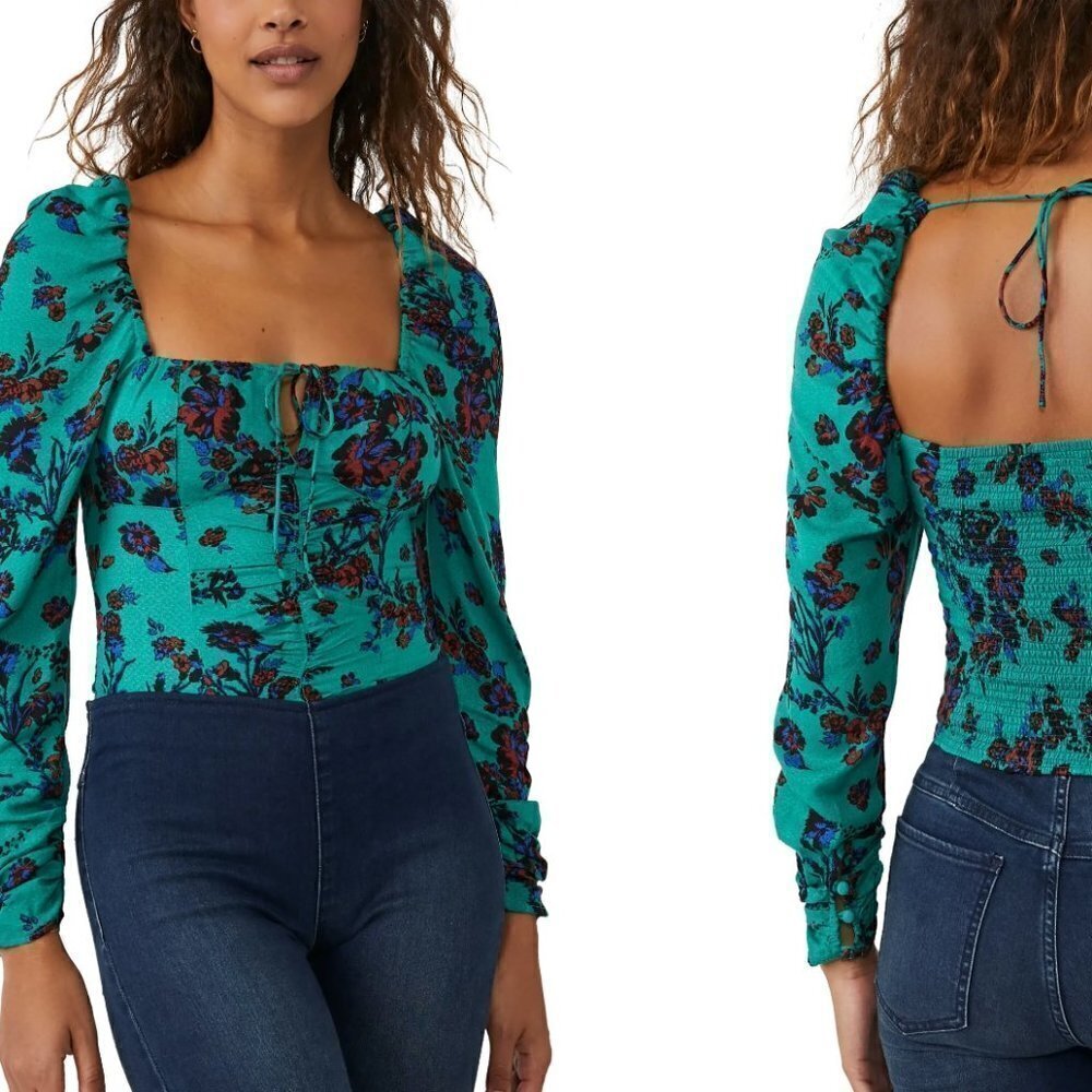 New Free People Green Hilary Printed Top Long Sleeves Lightweight Small